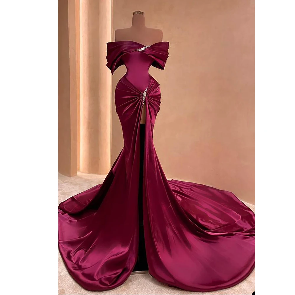 

Hight Split Side Mermaid Evening Dresses With Sweep Train For Women 2023 Wine Red Sexy Prom Gown Quinceanera Gala Celebrity Robe