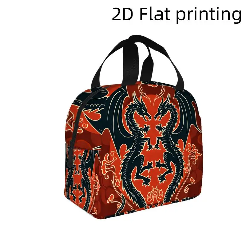 2D Flat Printing, 1pc, Retro Dragon Art with Roses and Swirls Printed Insulated Cooler Bag - Reusable Portable