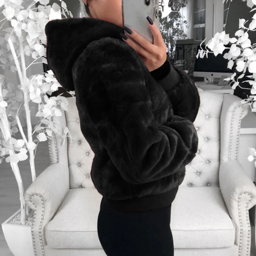 New Faux Fur Women Coat With Hood High Waist Fashion Slim Black Red Pink Faux Fur Jacket