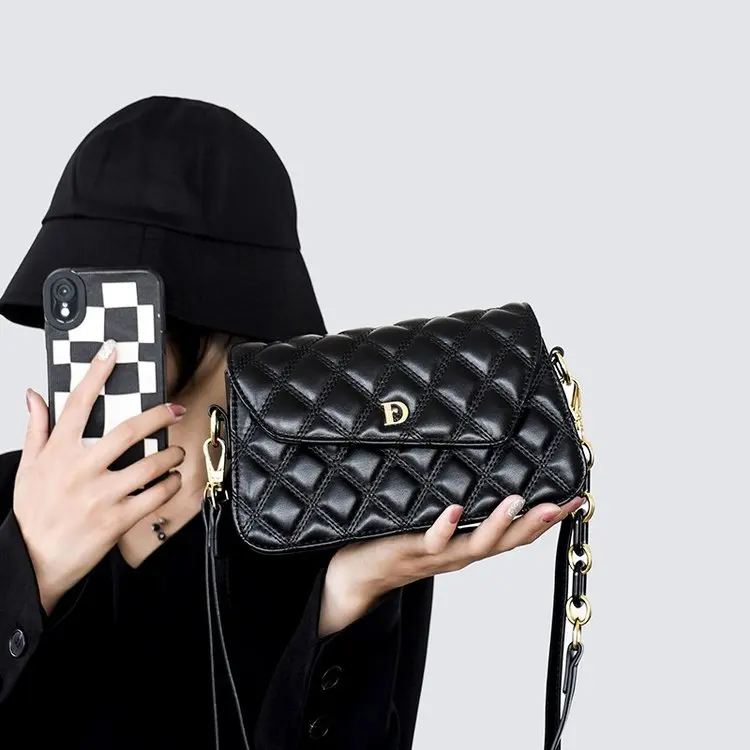 

New Women's Single oulder Crossbody Bag Ele Lady's Handbag Calfskin Leather Plaid Design Diamond Chain Pattern