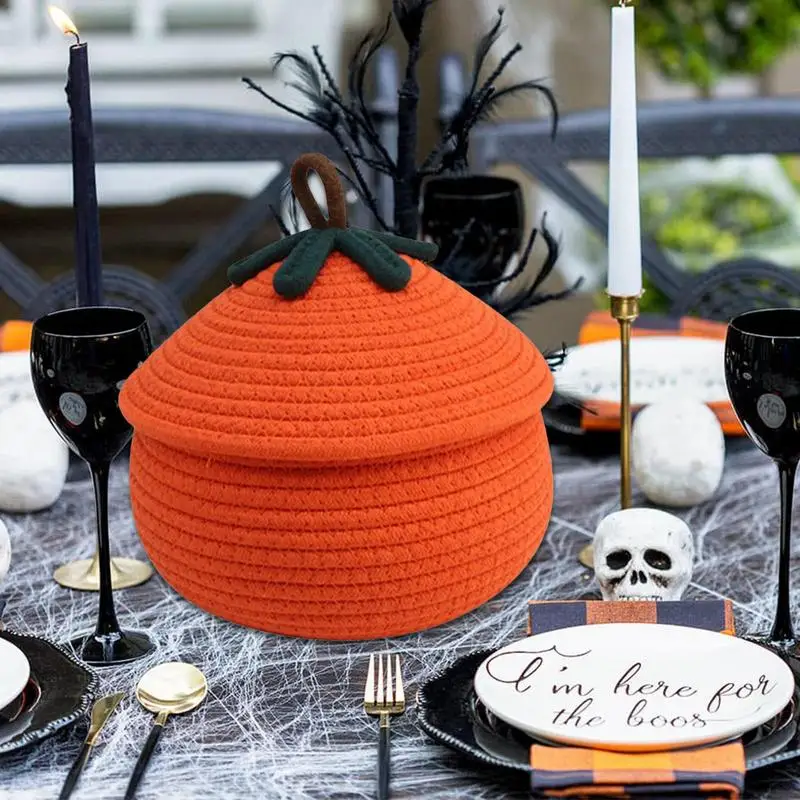 Halloween Woven Pumpkin Basket with Lid Candy Basket Multi-Function Storage Basket Decorative for Candy Snacks Toys