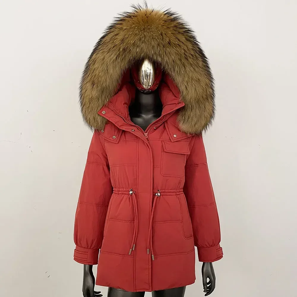 

Women Elegant Big Natural Raccoon Fur Coat Fashion Winter Hooded 90% White Duck Down Jacket Thick Warm Short Parka Real Fur Coat