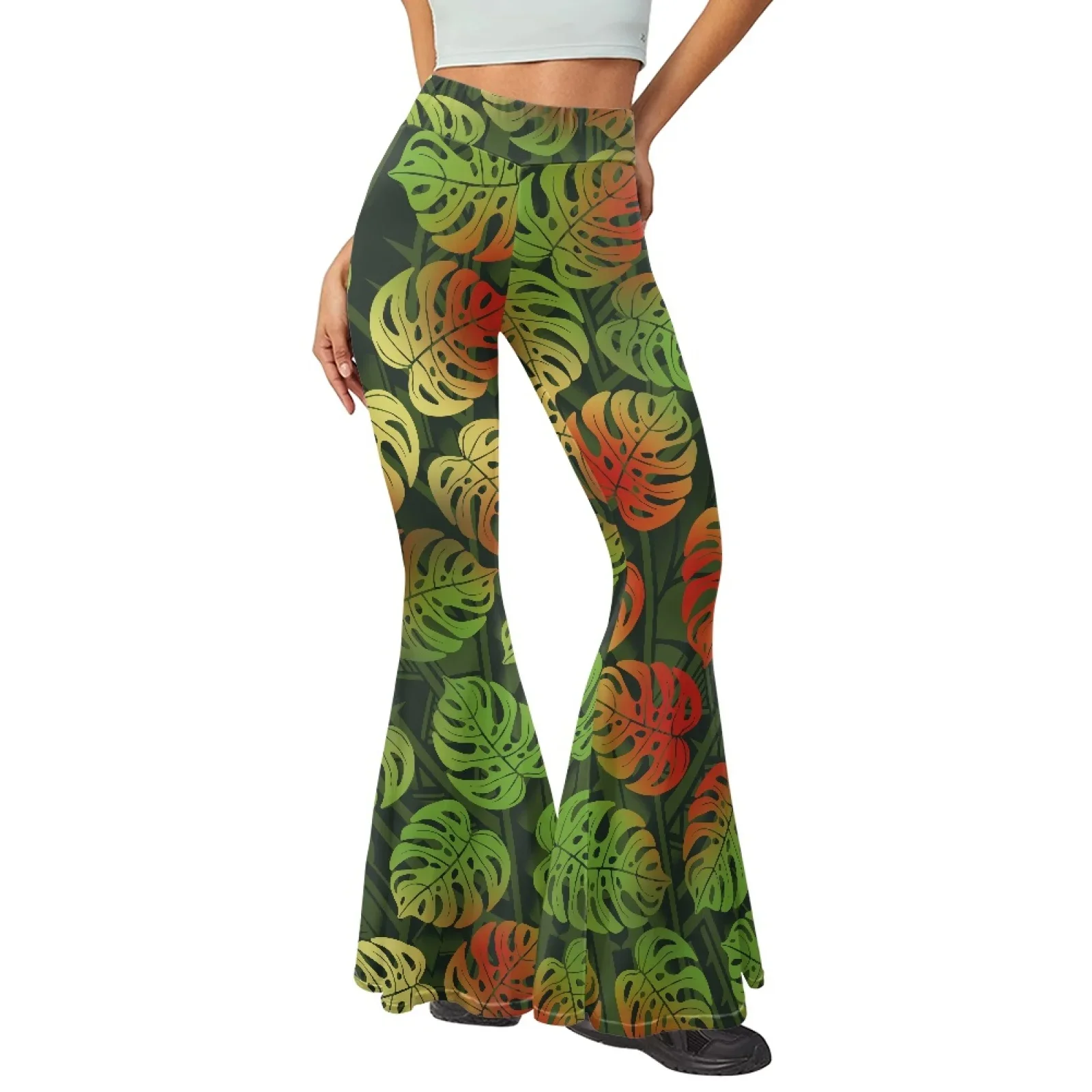 Women's Breathable High-Waist Yoga Flared Pants,Polyester Fabric,Polynesian Tribal,Pohnpei Totem,Tattoo Prints, Comfortable Soft