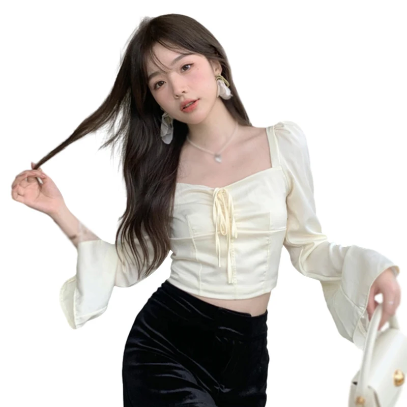 Women\'s Square Neck Lace Splicing Tie Long Sleeve Blouse Top Satin Revealing Flared Sleeve Pullover Shirt