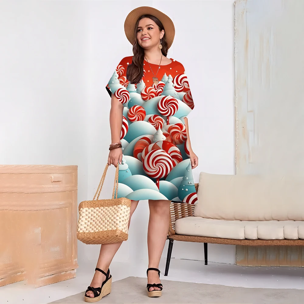 Sukienka na przyjęcie bożonarodzeniowe Elegancka słodka sukienka z krótkim rękawem 3D Lollipop Print Luźna sukienka Moda Plus Size 9XL Casual Summer