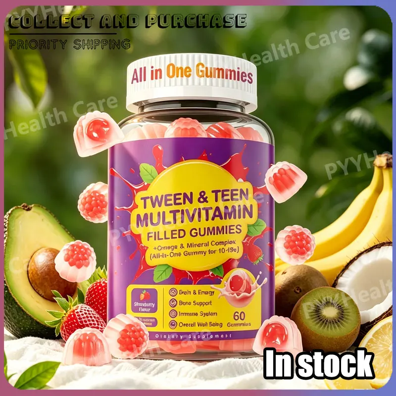 Multivitamin Filled Gummies for Kids 10+ with Omega 3, Calcium+Magnesium+Zinc, Brain Bone Energy Immune 60 Gummies