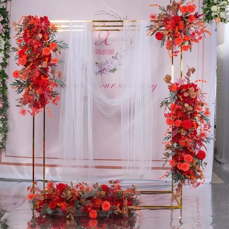 Metal Wedding Arch Frame, Marriage Row Runner, Square Backdrop Stand, Gold Plating Background, Outdoor Artificial Flower, Door S