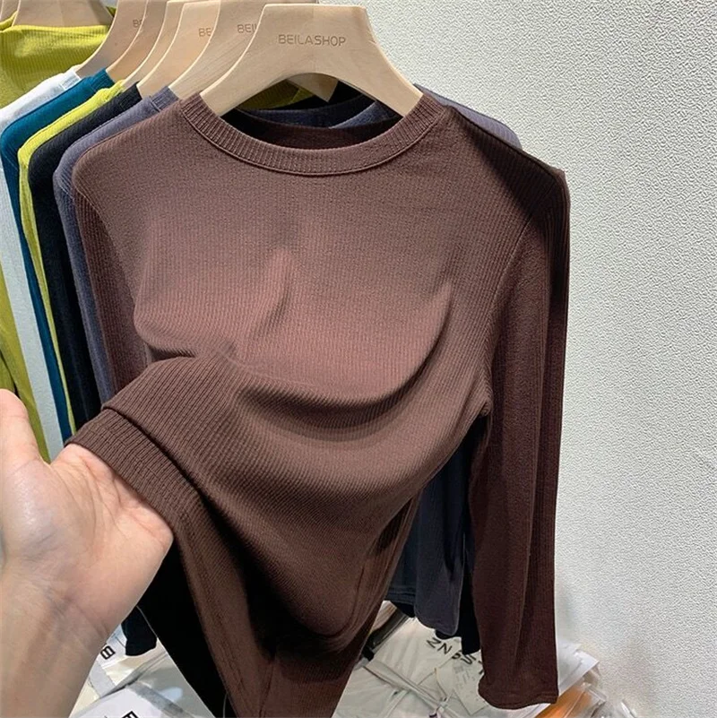 Ele Long Sve round Ne T-irt Women's Loose Fit Base Layer irt High Elastici  Color Commute Sle Autumn Wear