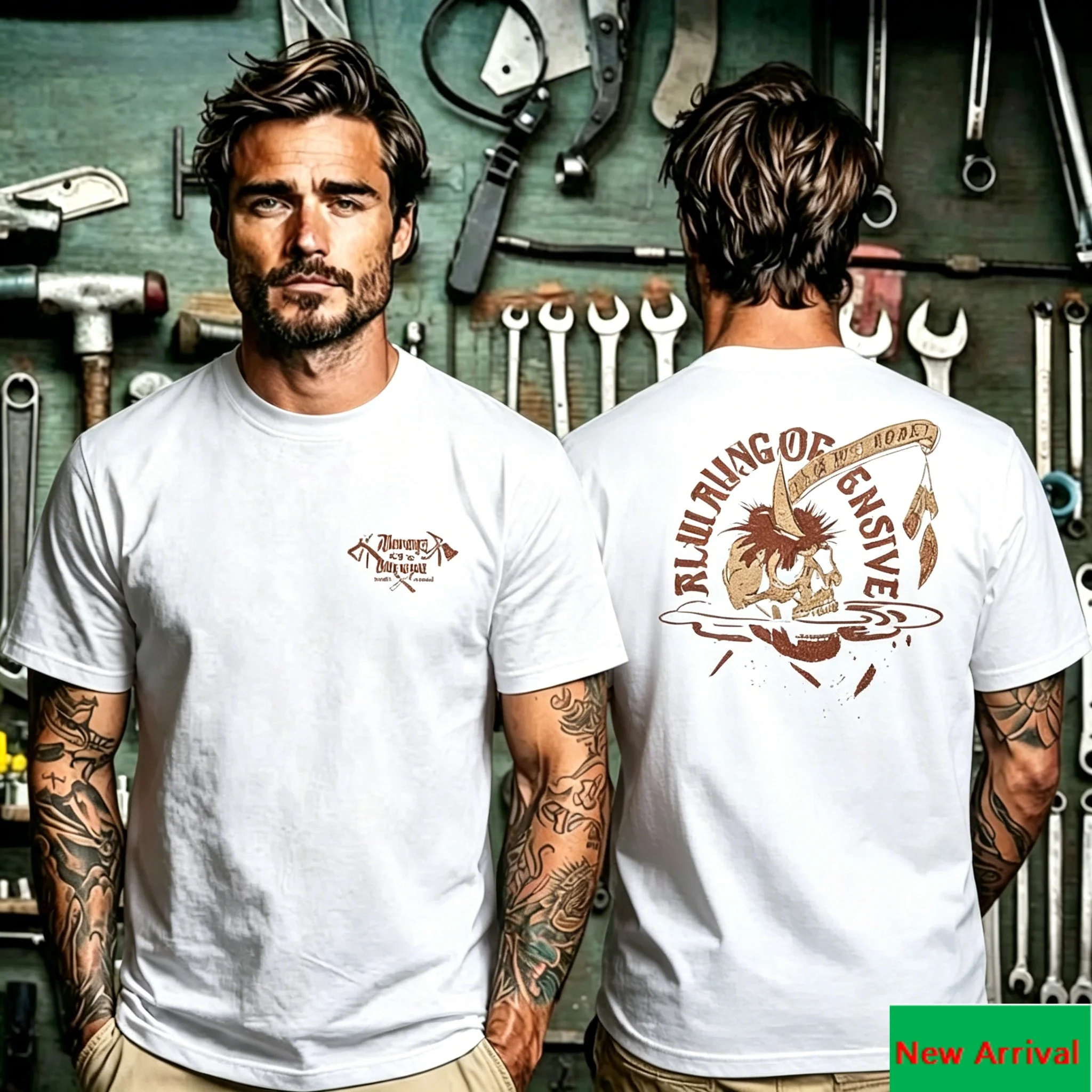 Aged Effect Feather Skull with Axe Front Back Graphic Print T Shirt, Wild West Art Design Unisex T Shirt, Trendy Casual Top