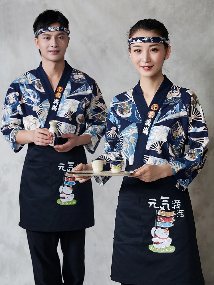 

Japanese Chef Uniform Food Service Apron Cuisine Restaurant Waiter Shirt Unisex Cotton Linen Men's Tunic Kitchen Work Cloth Man