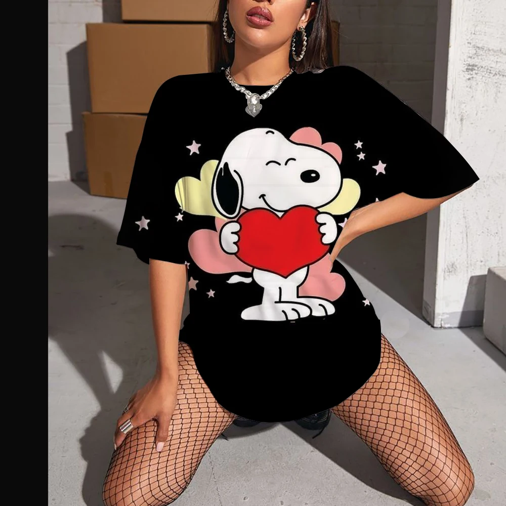 

Women's T-shirt with cute Snoopy pattern print, summer short sleeved 3D T-shirt, casual street wear, fashionable oversized women