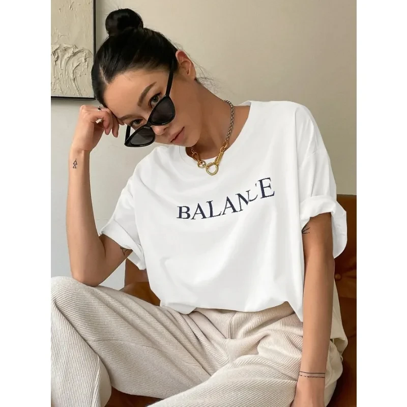 Balance Letter Printed Casual T-Shirts Women Summer Loose Oversize Short Sleeve Fashion Retro Street T-shirt Cotton Soft Tee