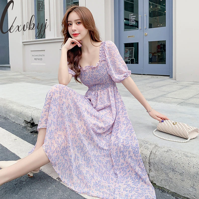 

Elegant Women Puff Sleeve Floral Dress French Square Collar Print Bodycon Dress Ladies Bohemian Vacaction Summer Beach Dress