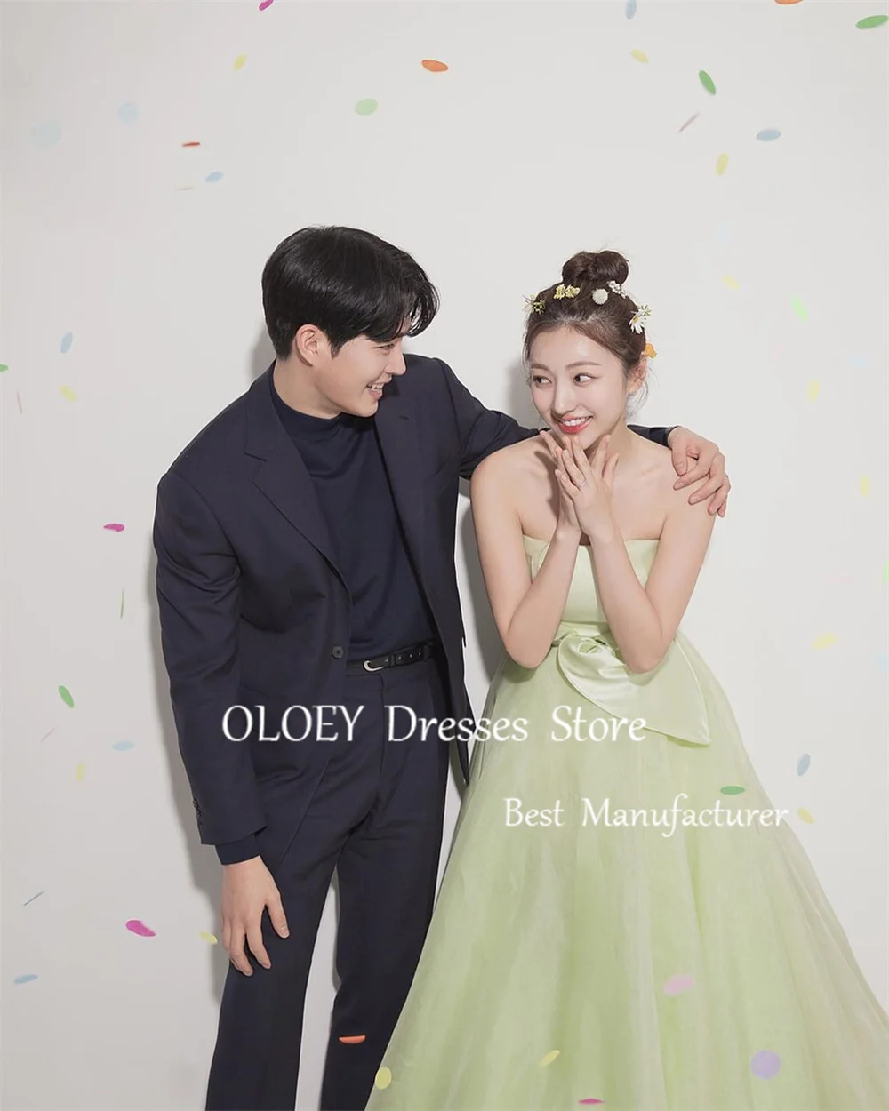 OLOEY Lemon Green Strapless Prom Dress Korea Wedding Photoshoot Floor Length A Line Party Gown Soft Organza Pleats Custom Made