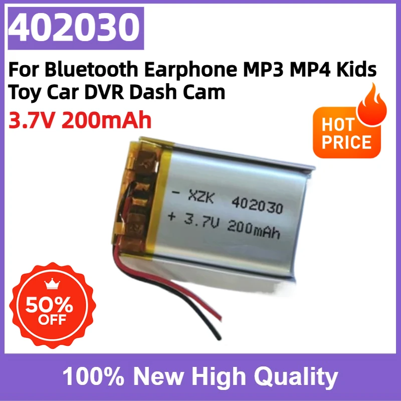 402030 3.7V 200mAh Lithium Polymer Battery Replacement for Bluetooth Earphone MP3 MP4 Kids Toy Car DVR Dash Cam