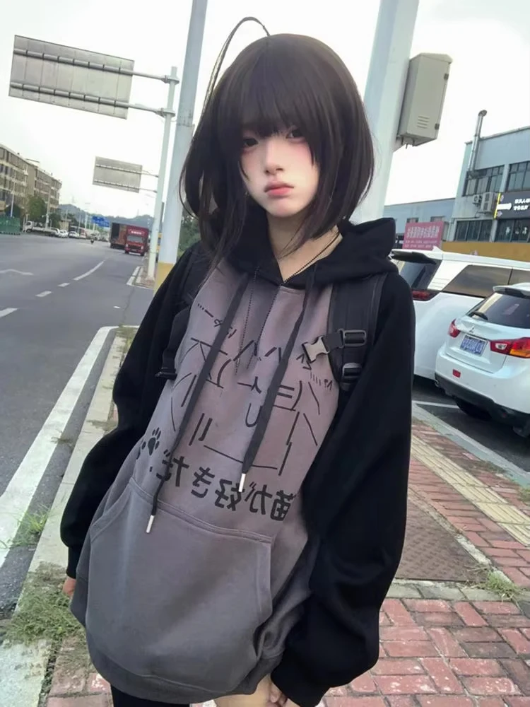 Japanese Kawaii Y2k Aesthetic Patchwork Hoodies Women Vintage Cartoon Print Streetwear Harajuku Loose Pocket Sweatshirt Tops