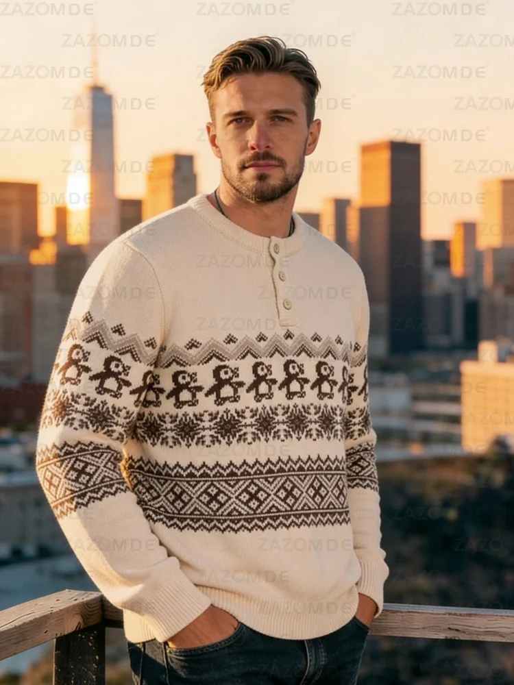 

ZAZOMDE Mens Casual Fair Isle Knit Sweater Penguin Snowflake Motif Long Sleeve Pullover Comfortable Blend For Daily Streetwear