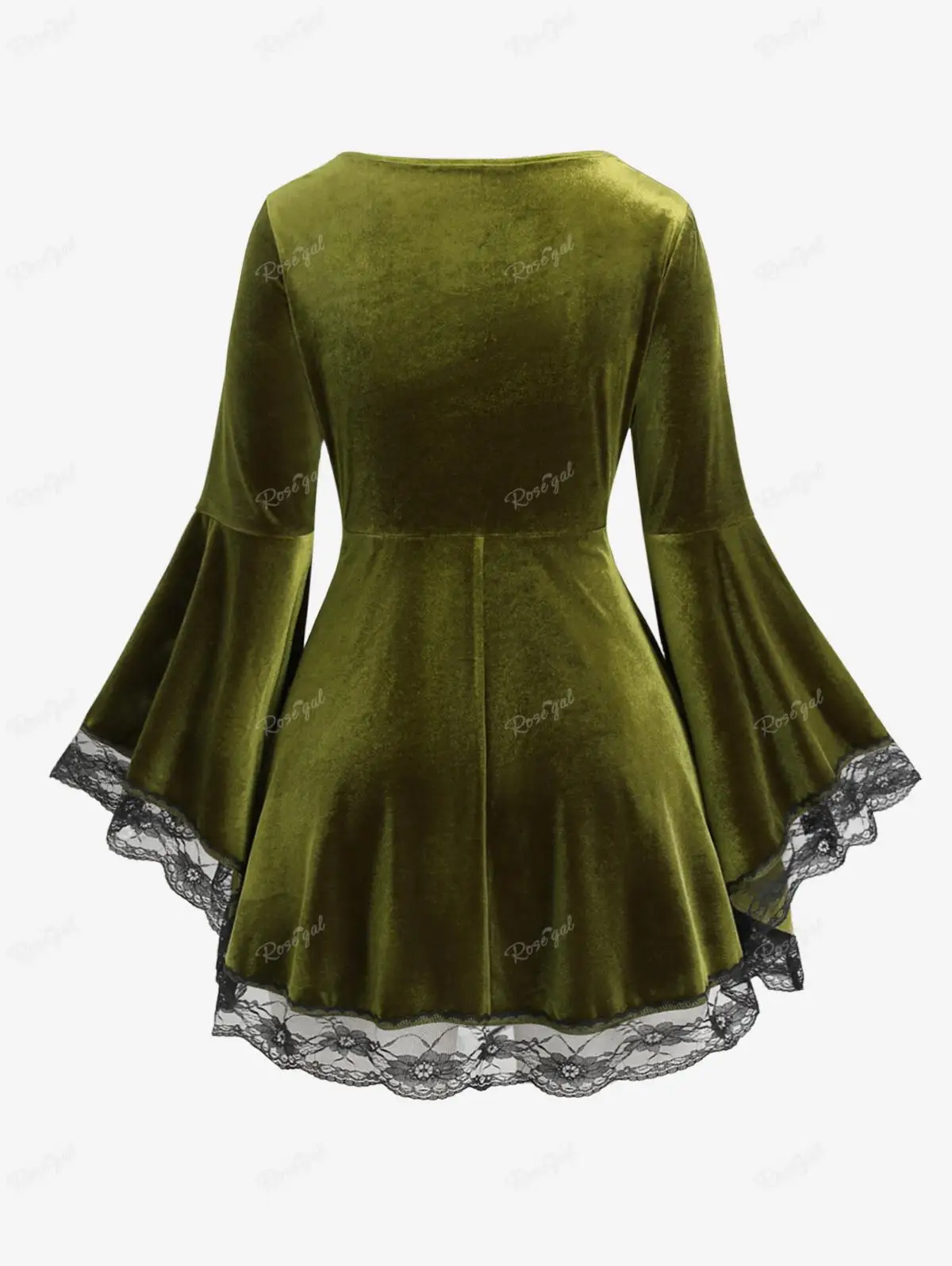 ROSEGAL Plus Size Lace Trim Velvet T-shirt Women Spring Autumn Heart Chain Twist Flare Sleeves Tops Green Elegant Streetwear Tee