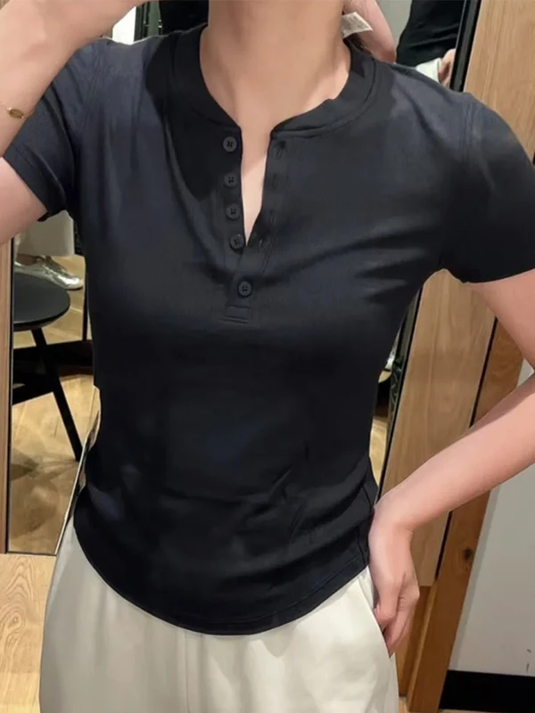 Lad Summer Yoga Top Women's Slim Fit ort Sve Fitn T-irt Henry Sle V-Ne ort Length Commute Faion Workout Tee