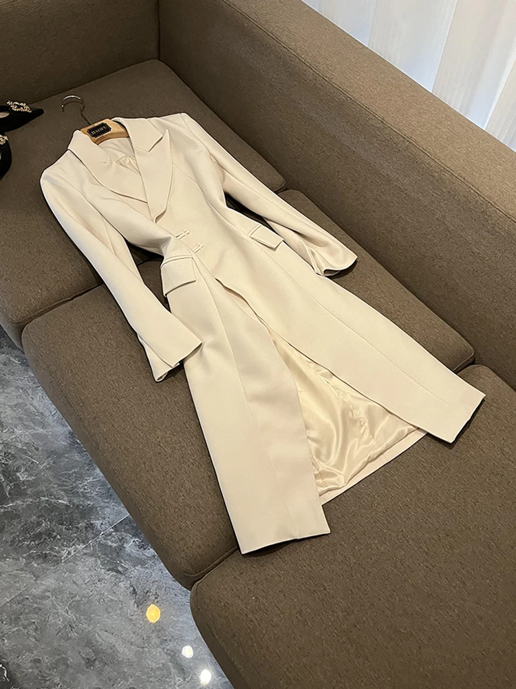 

Retro Chinese Sle Long Coat Women's Button Design Waist Cinching Split Maturi Sle Commute Wind Long Sve Suit Jaet