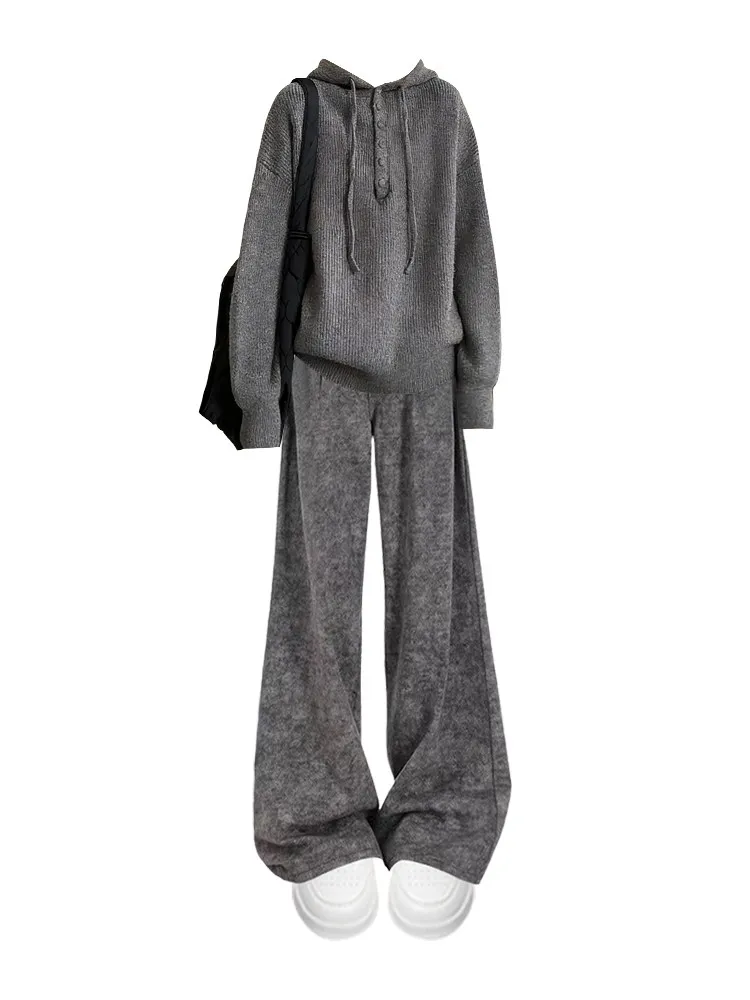 Set coreano lavorato a maglia Sle ey Set invernale da donna con cappello pigro, felpa a vita alta, pantaloni a gamba dritta, set sciolto in due pezzi