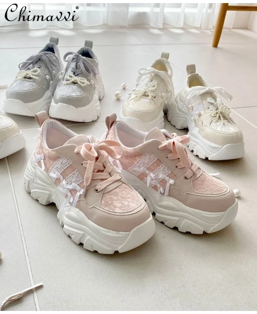 

Japanese Style Sweet Bow Pearl Lolita Sports Shoes New 2024 Autumn Cute Girl Platform Casual Shoes Casual Womens Sneakers