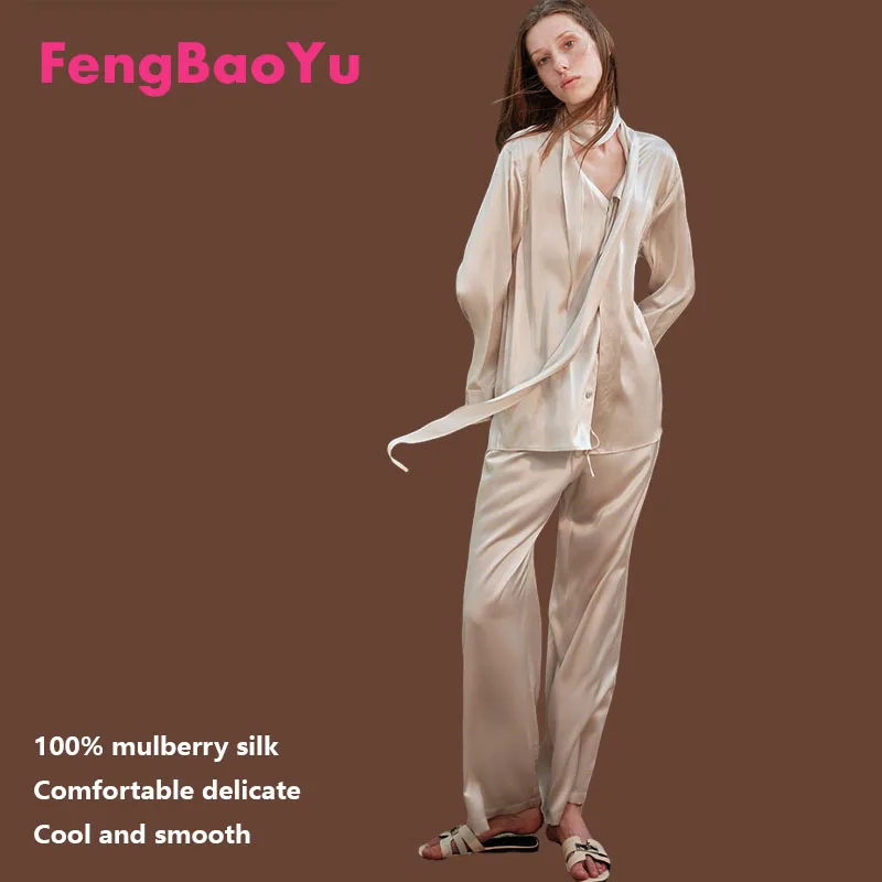 

Fengbaoyu 100% Natural Silk Women's Set Long-sleeved Top and Long Pants. Luxurious and Casual Home Wear. Comfortable Cool.