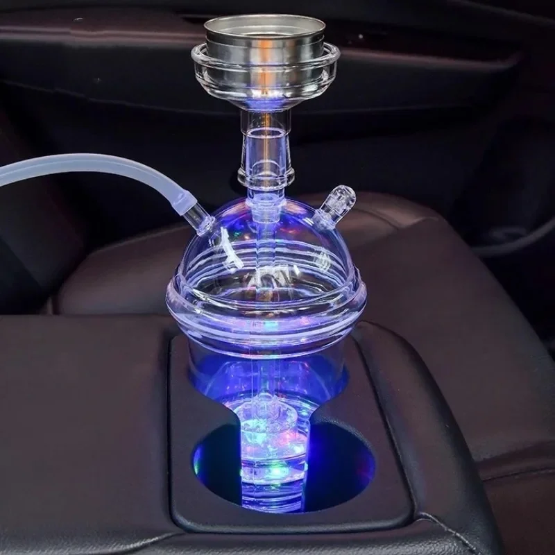 Portable LED Car Hookah Cup with Metal Tobacco Bowl Water Pipes Smoking Grass Cigarette Holder Party Acrylic Shisha Set