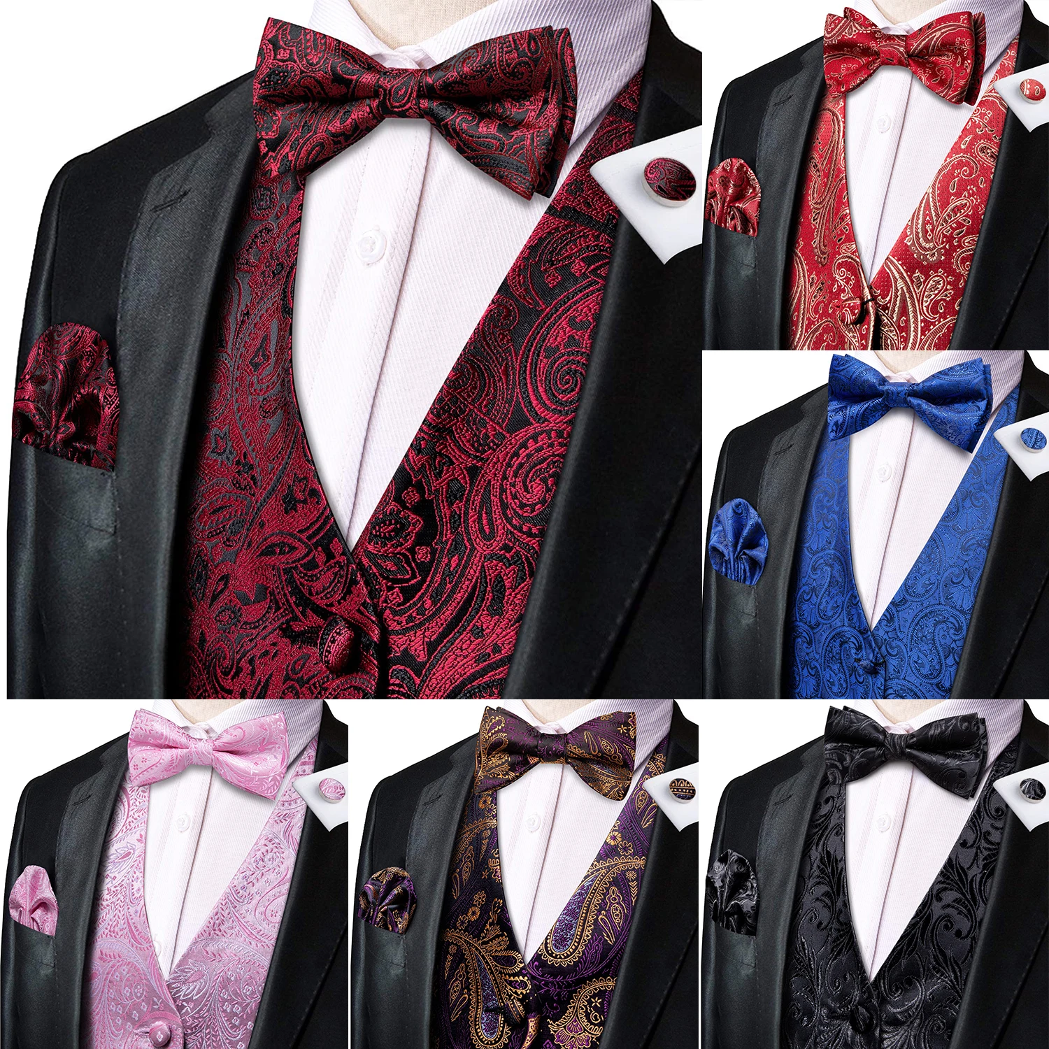 

Jacquard Silk Mens Vest Tie Bowtie Set Sleeveless Jacket Waistcoat Necktie Bow Knot Pocket Square Cufflinks Wedding Business XXL