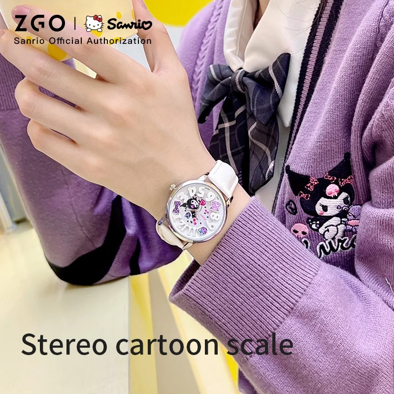 Zgo Sanrio Kuromi ladies' quartz watch leather strap cute waterproof watch for students gift 2130