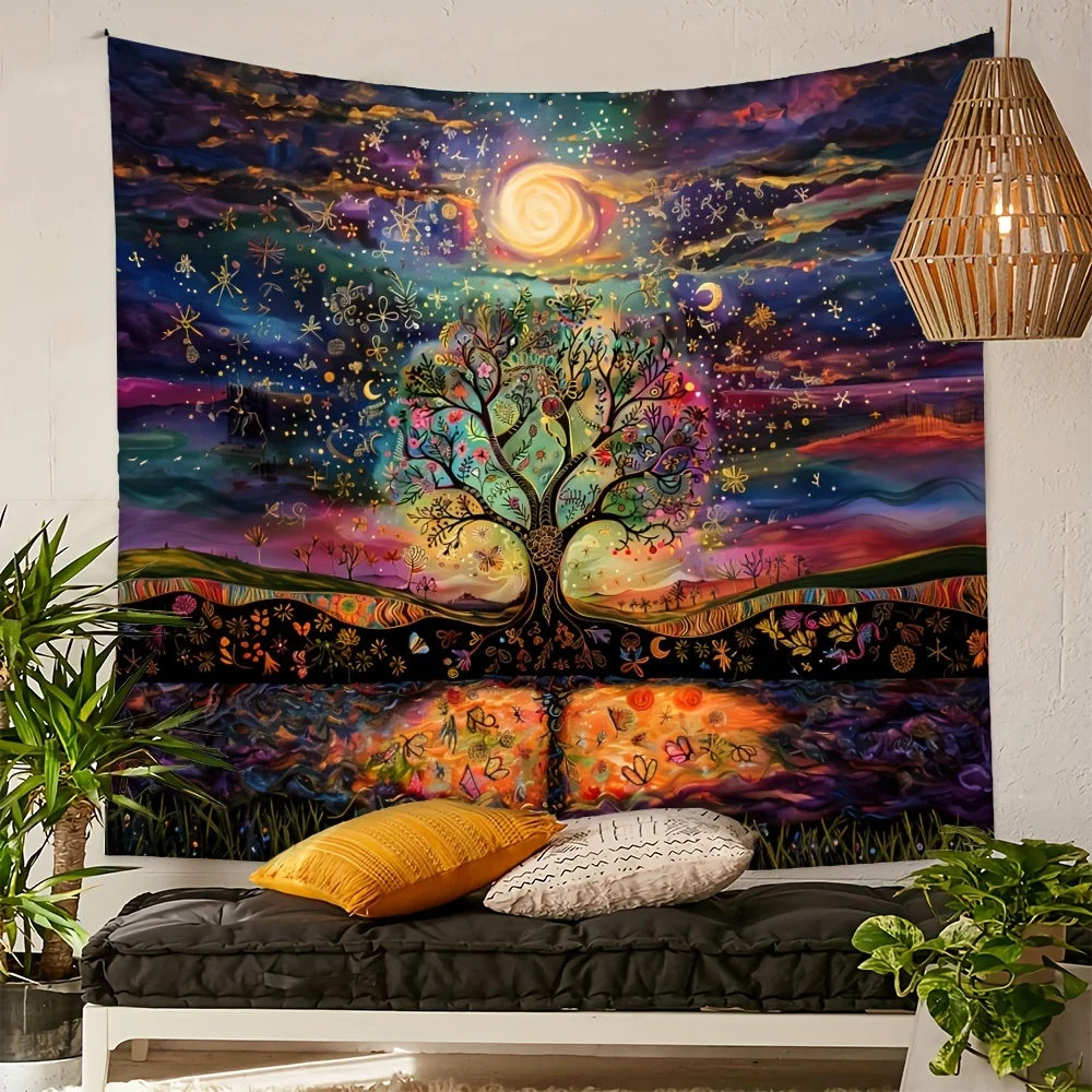 Starry Sky Tree Of Life Tapestry Rainbow Gradient Stars Moon And Floral Living Room Feature Wall Room Decor