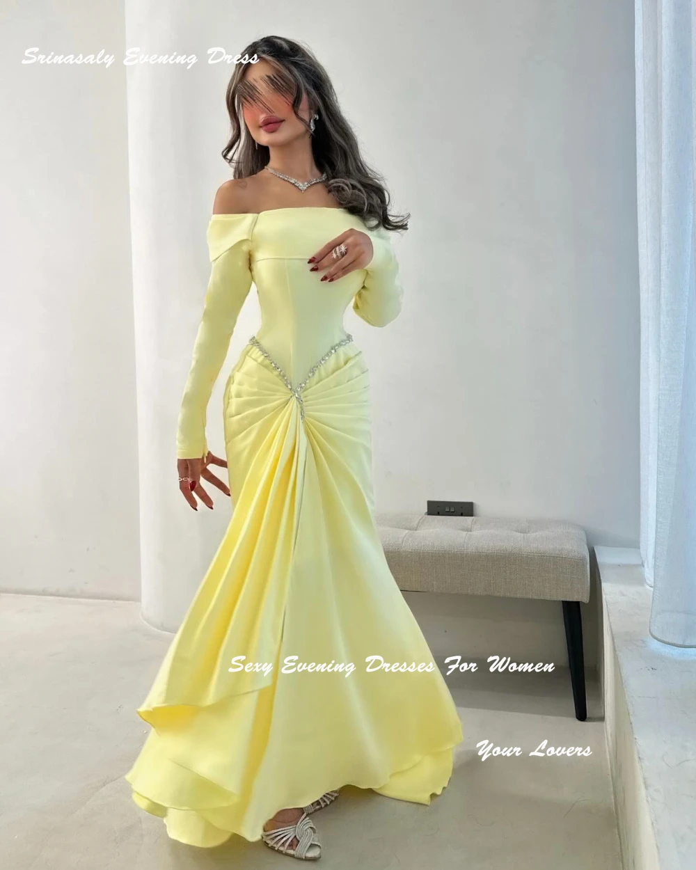 

Customized Satin Yellow Evening Dresses With Knot Cocktail Party Gowns Mermaid Floor-length Off Shoulder Prom Dress 2025