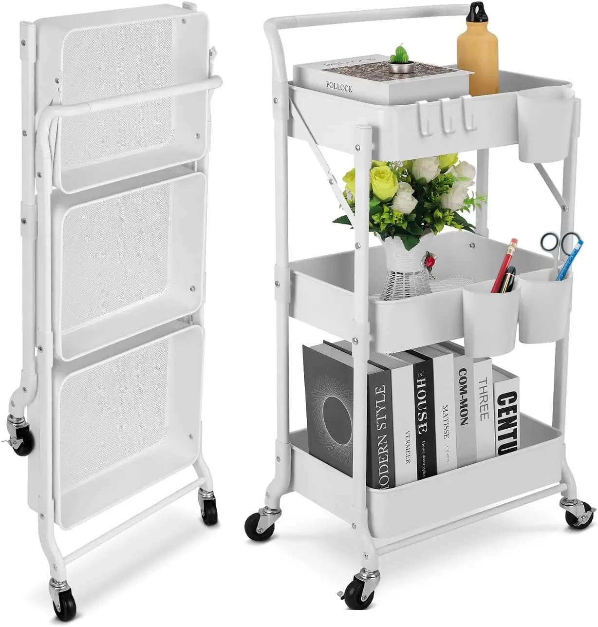 

3 Tier Metal Utility Rolling Cart, Folding Mobile Multi-Function Storage Trolley Organizer Cart for Home Library Office(White)