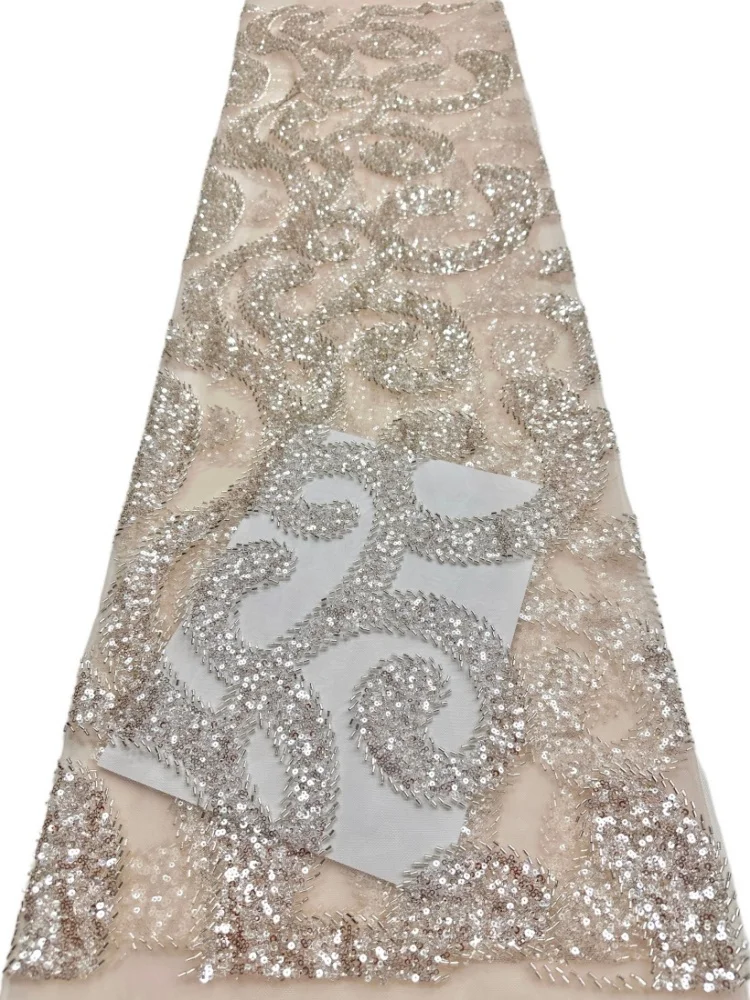 

Luxury African Lace Fabric High Quality Sequins Beads Lace Fabrics For Nigerian Wedding French Heavy Lace Fabric 5yards