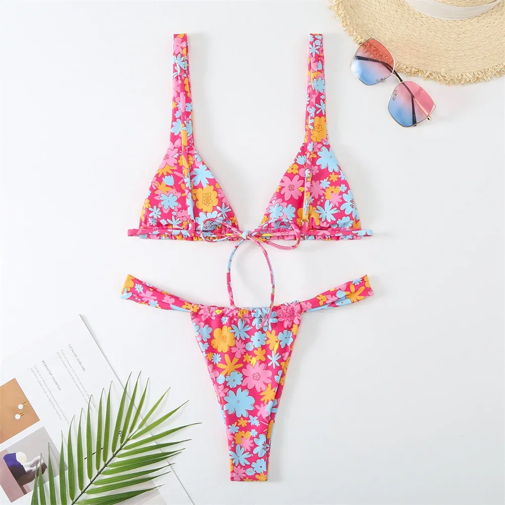 Cute Flowers Bikini String Lace Up Swimsuit Thong Split Vacation Swimwears Women Trend Y2K Beach Bathing Suits Biquinis Feminino