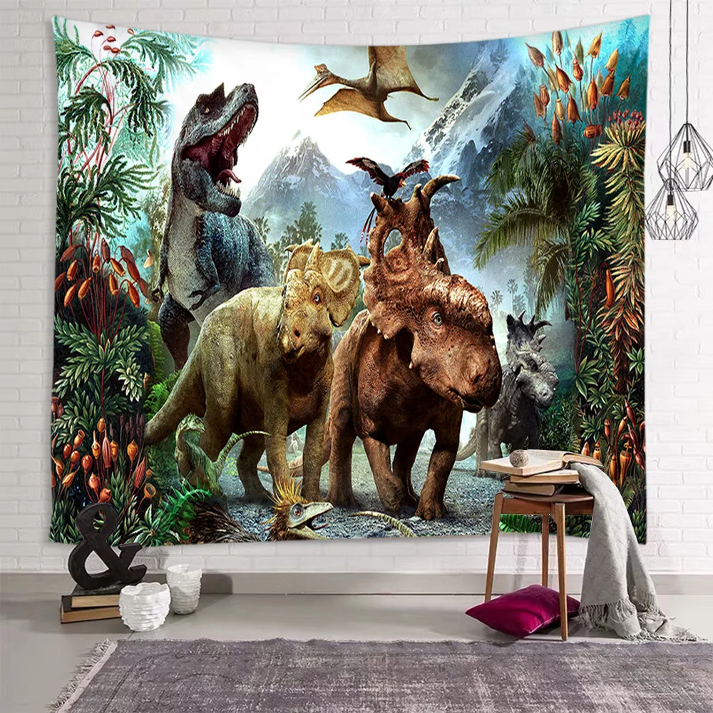 

Jurassic Dinosaur Jungle Tapestry, Prehistoric Animal Wall Hanging, Polyester Fabric Art for Kids Bedroom Decor