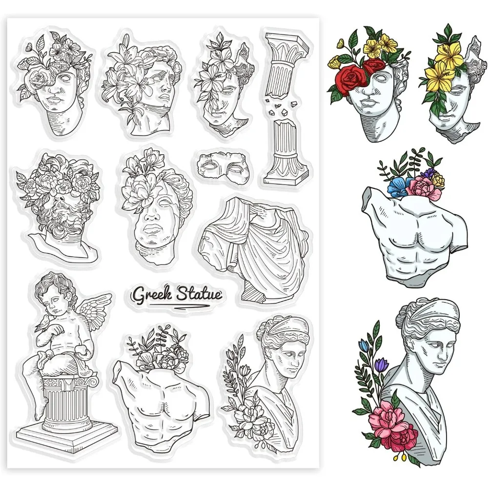 Art Statue Background Clear Stamps Plaster Statue Flower Decorative Clear Stamps Silicone Stamps for Card Making and Photo