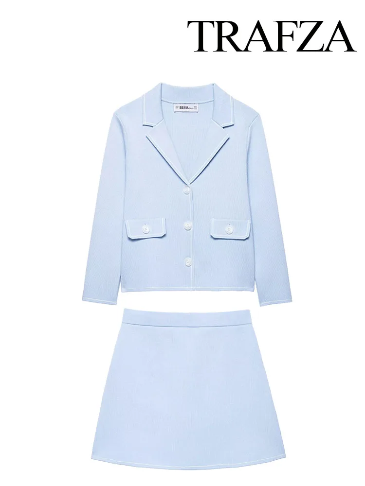 

TRAFZA Women's Fashion Solid Turn-Down Collar Single-Breasted Pocket Long Sleeves Top+Elegant High Waist Mini Skirts Skirt Suit