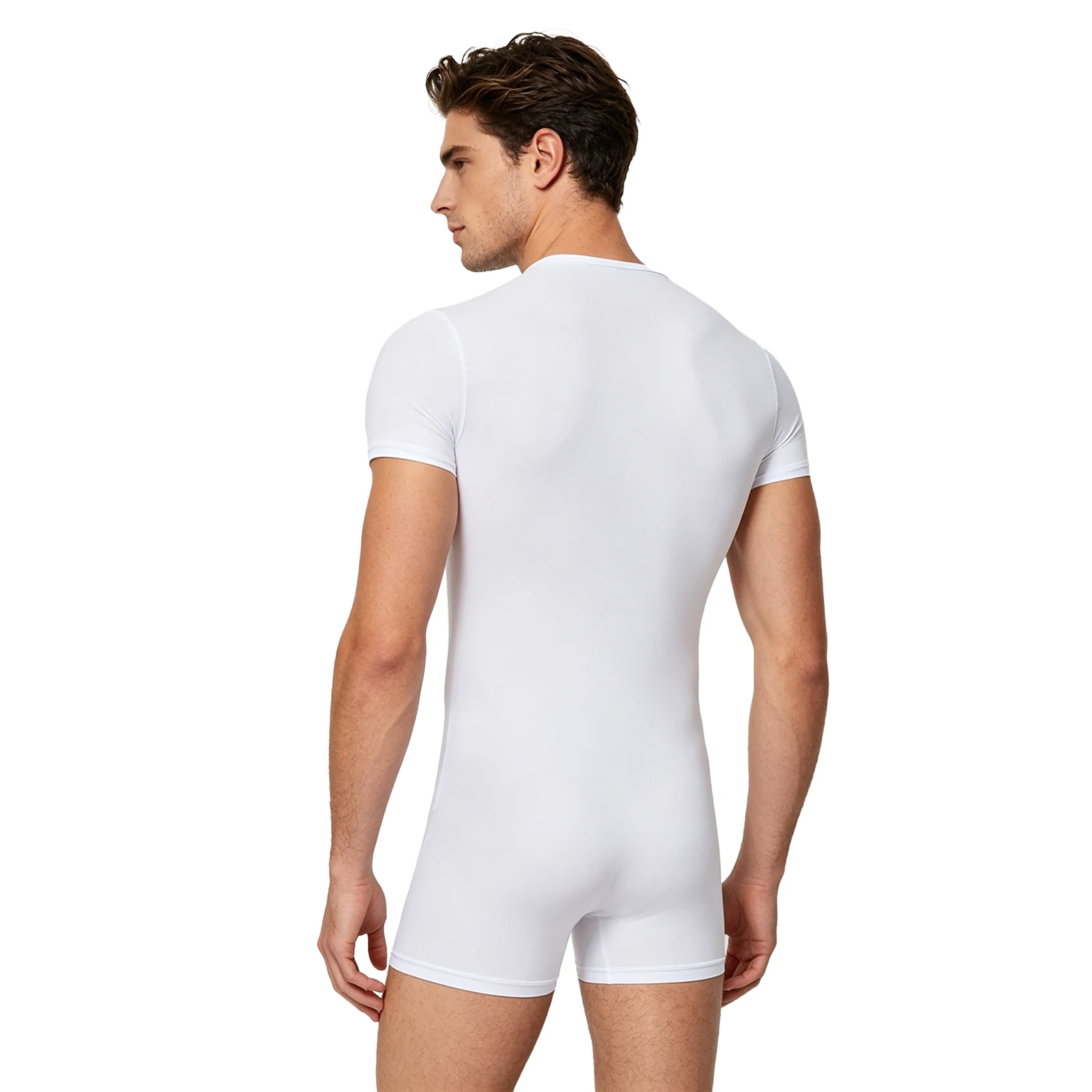 Men Silky Stretchy Rompers Short Sleeve Front Zipper Boyshorts Bottom Bodysuit Sheer One Piece Pajamas for Yoga Lounging Workout
