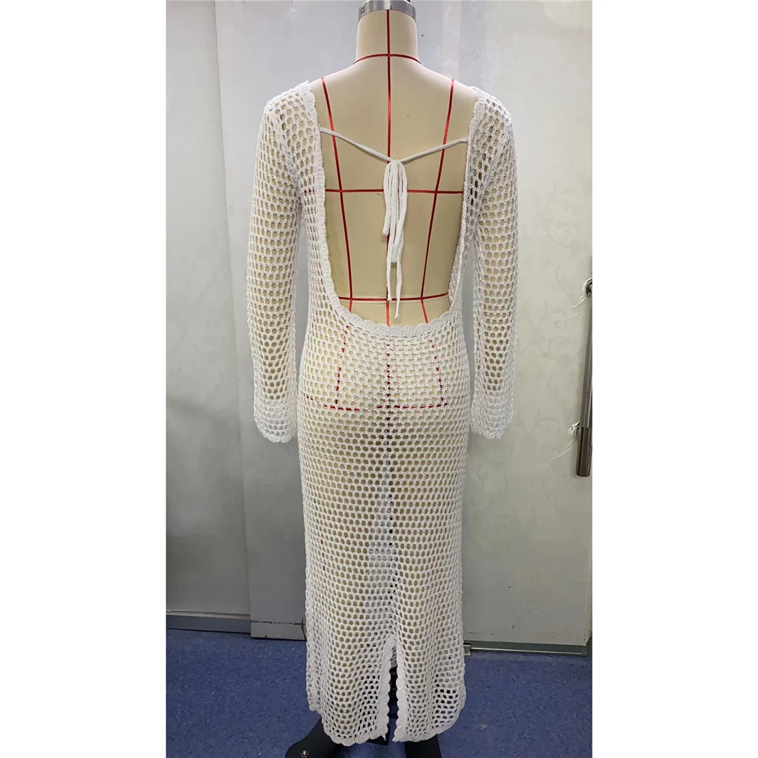 Neues, durchsichtiges, rückenfreies, gehäkeltes, gestricktes Tunika-Strandkleid, Strandkleid, Strandmode, Damen V5993 – Detail 11