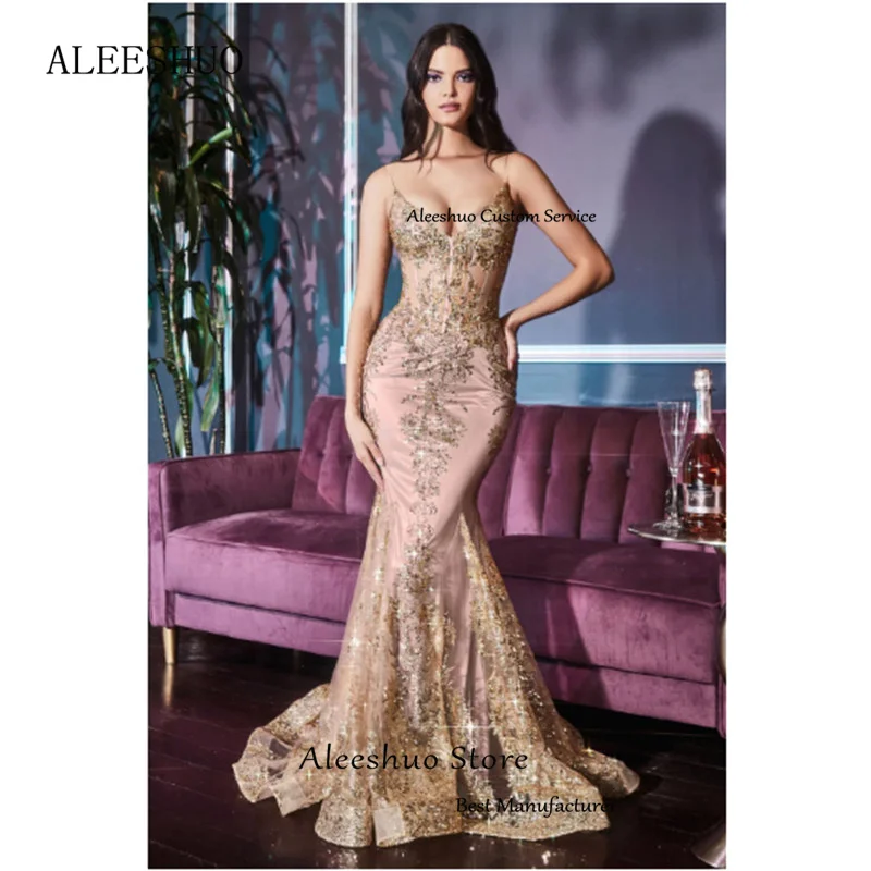 Cleeshuo-Robe de Soirée de Forme Sirène pour Femme, Tenue Luxueuse, Col en V, Bretelles Spaghetti, Appliques Perlées, Paillettes, Bal de Promo