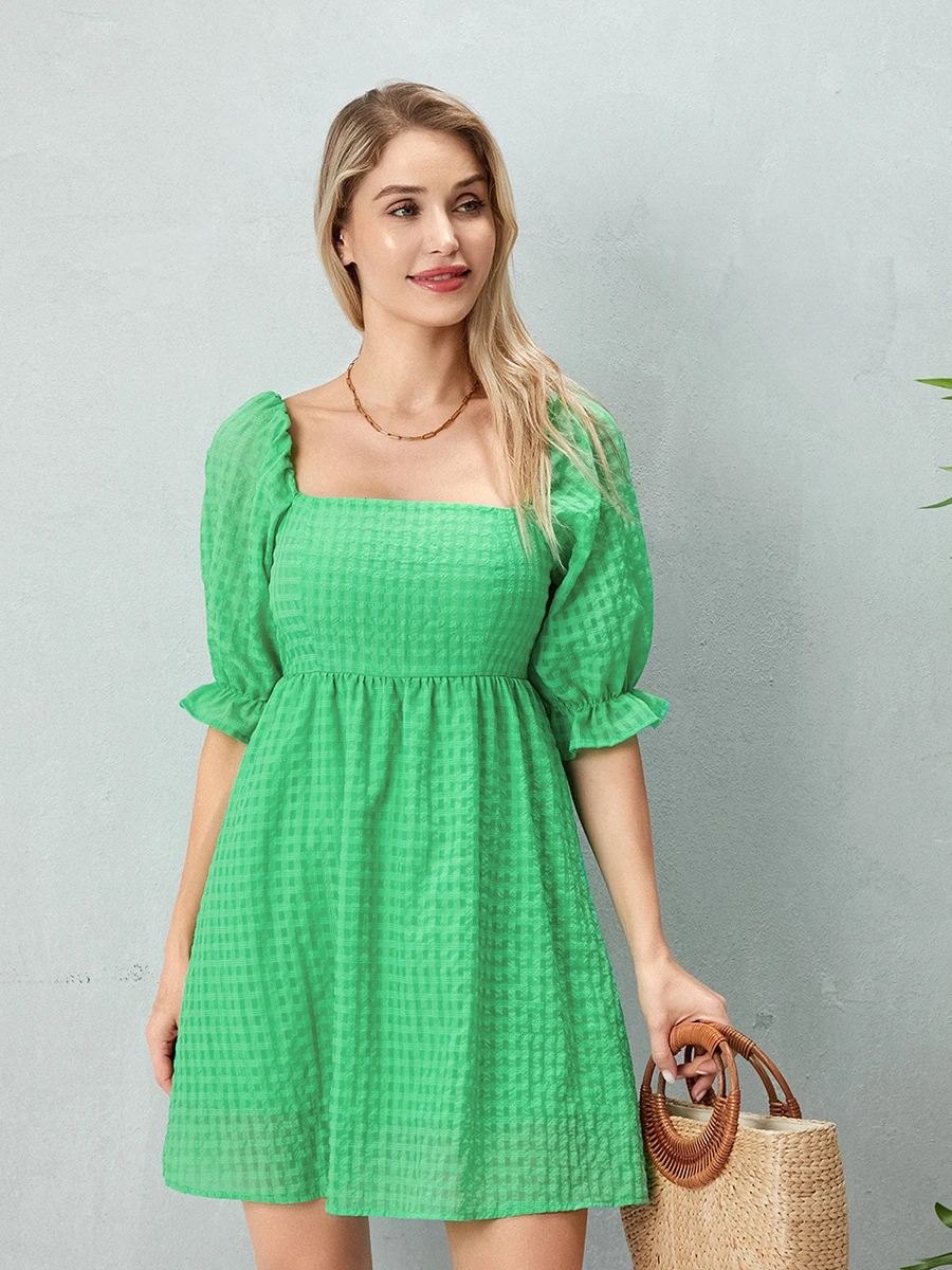 فستان قصير غير رسمي نسائي ، كم قصير منفوش ، رقبة مربعة ، ملابس حفلات ، صيف