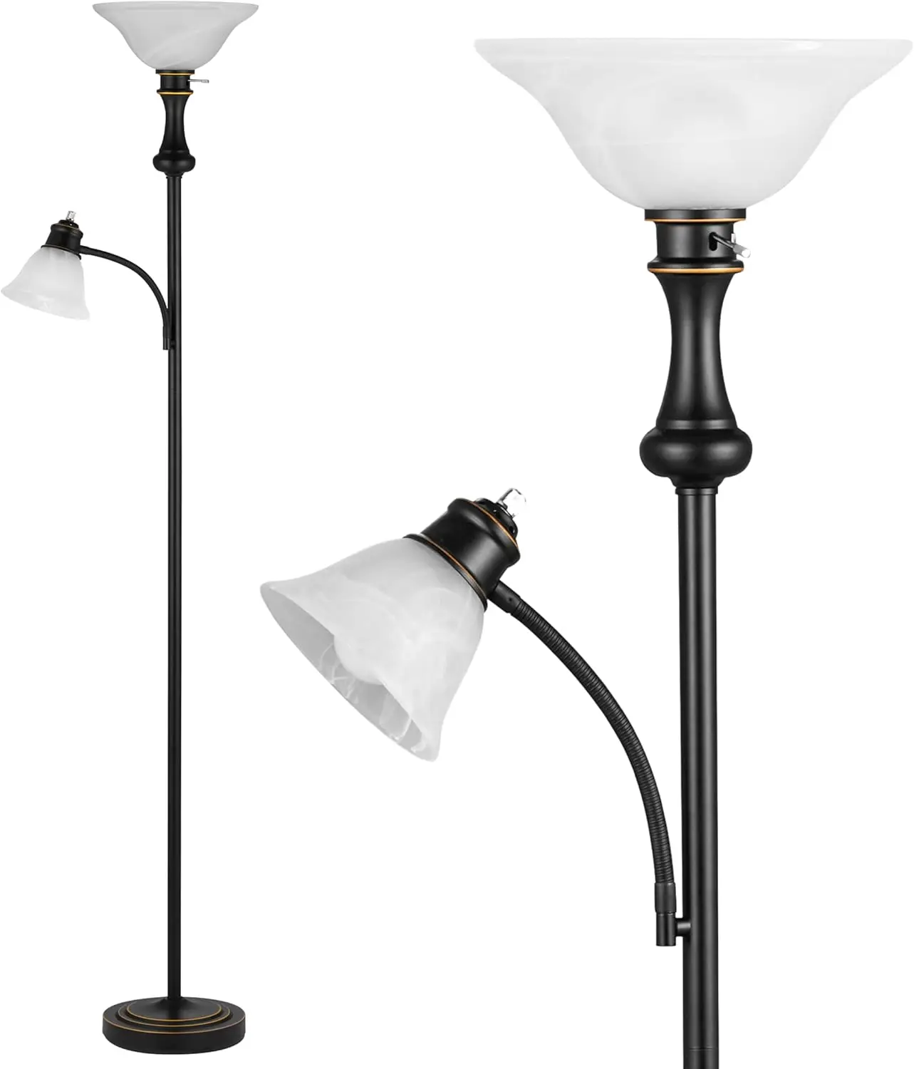 71‑Inch Black Torchiere‑Style Floor Lamp, Equipped With Angle‑Adjustable Auxiliary Reading‑Light