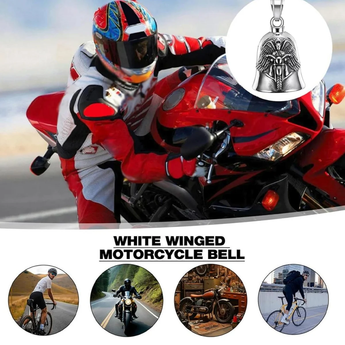 Retro-style metal motorcycle pendant, with a bell-shaped design engraved with a winged motorcycle pattern. - view 5