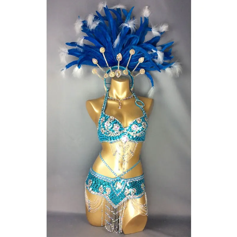 Sexy samba rio carnaval traje para mulher artesanal frisado lantejoulas traje de dança do ventre conjunto com pena turquesa cabeça peça
