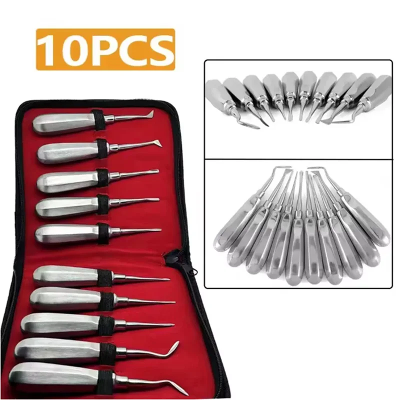 

Набор из 10 стоматологических элеваторов из нержавеющей стали: прямые и изогнутые элеваторы для корневых каналов, инструменты для малоинвазивной стоматологии