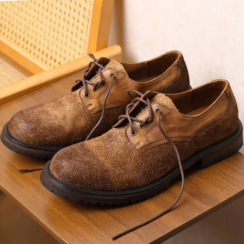 

Men's Cowhide Suede Derby Shoes Genuine Leather Hand-sewn Height Increasing Work Shoes Polished and Vintage Leather Casual Shoes