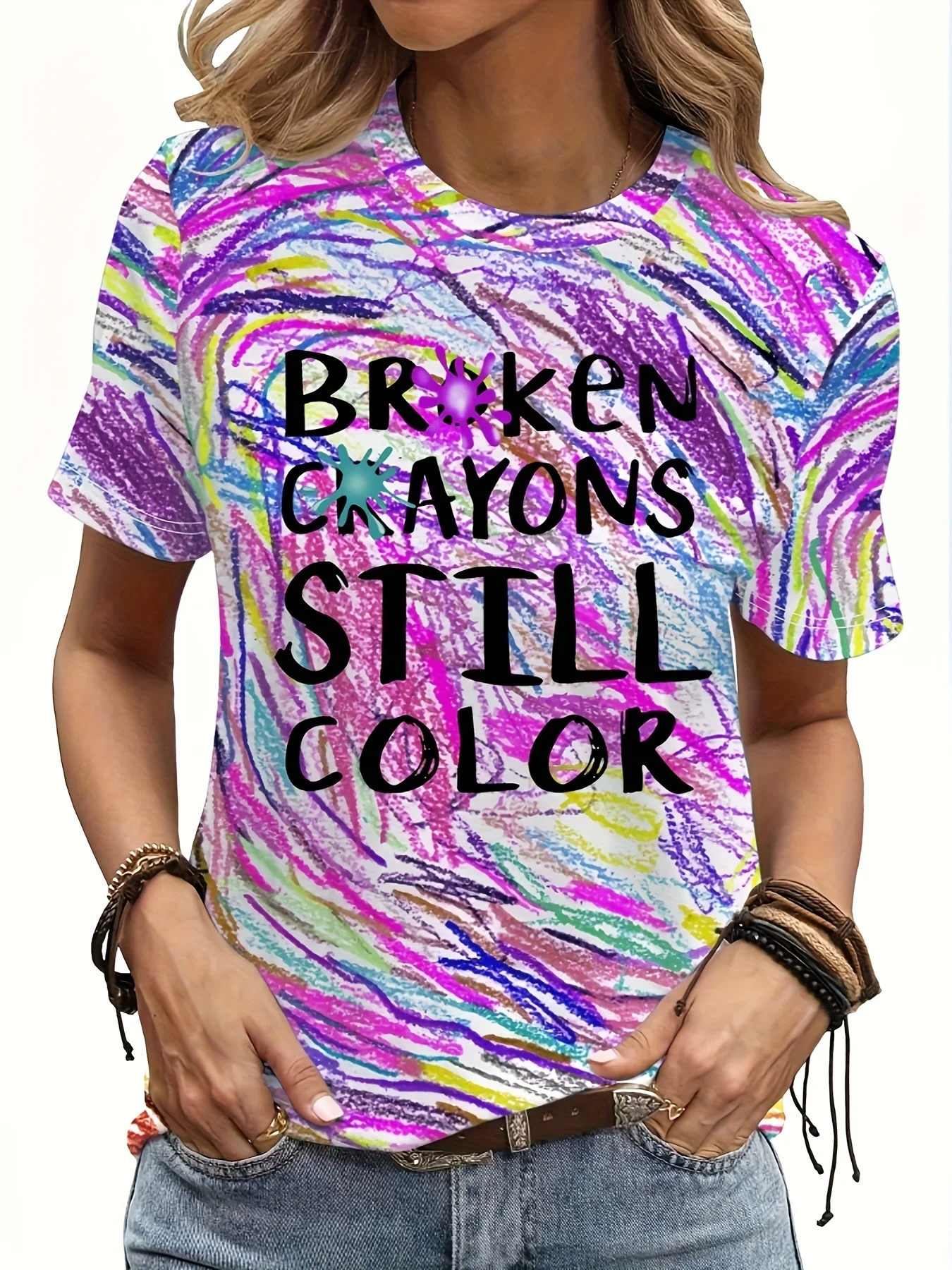 Women Crew Neck Short Sleeve T-shirt Colorful Crayon Graffiti Broken Crayons Still Letter Print Inspirational Casual Summer Top