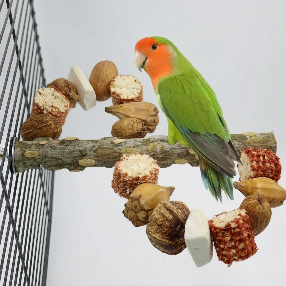 

Natural Wood Parrot Swing Perch with Chewable Corn Cob & Nuts Safe Training Stand for Lovebirds Cockatiels & Small Birds