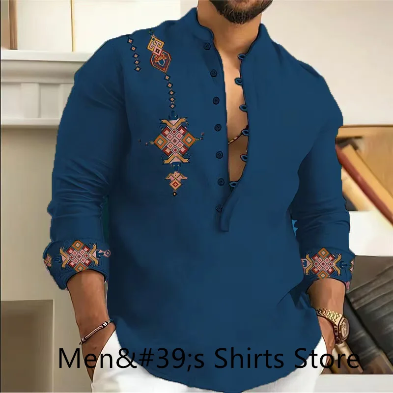 2024 Men\'s Hawaiian Shirt Long Sleeve Oversized V Neck 3D Vintage Shirt High Quality Four Seasons Large Size Clothing Multicolor